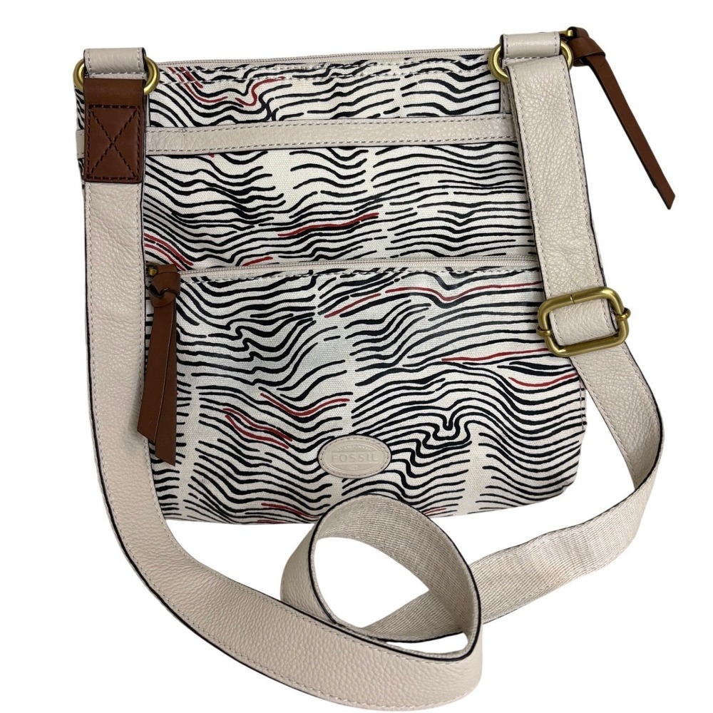 Fossil Crossbody Purse Bag Canvas Leather Zebra Wave Safari Cream Black White